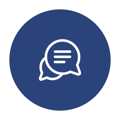 Ícono conformado por círculo azul y sobre el mismo un ícono blanco de globo de conversación, representando atención por whatsapp