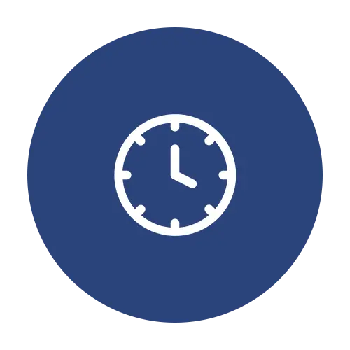 Ícono conformado por círculo azul y sobre el mismo un ícono blanco de reloj, representando puntualidad